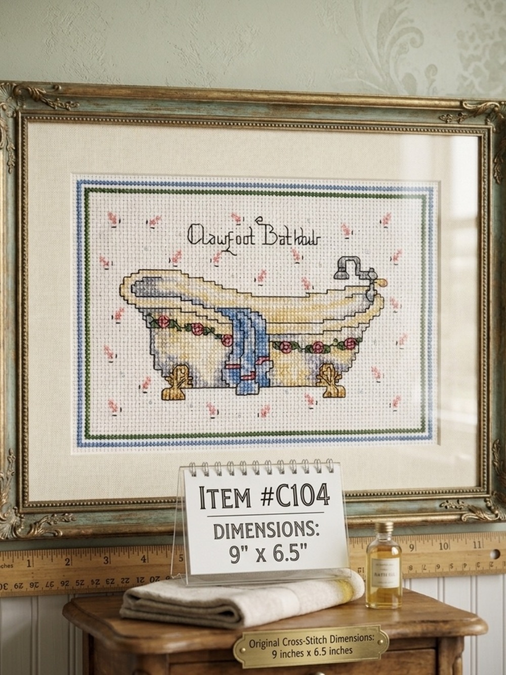 Vintage Clawfoot Bathtub Cross Stitch Handmade Bathroom Decor Unframed Art
